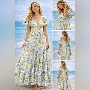 Better Together Lemon Print Ruffle Maxi Dress XS Italian Tile Style